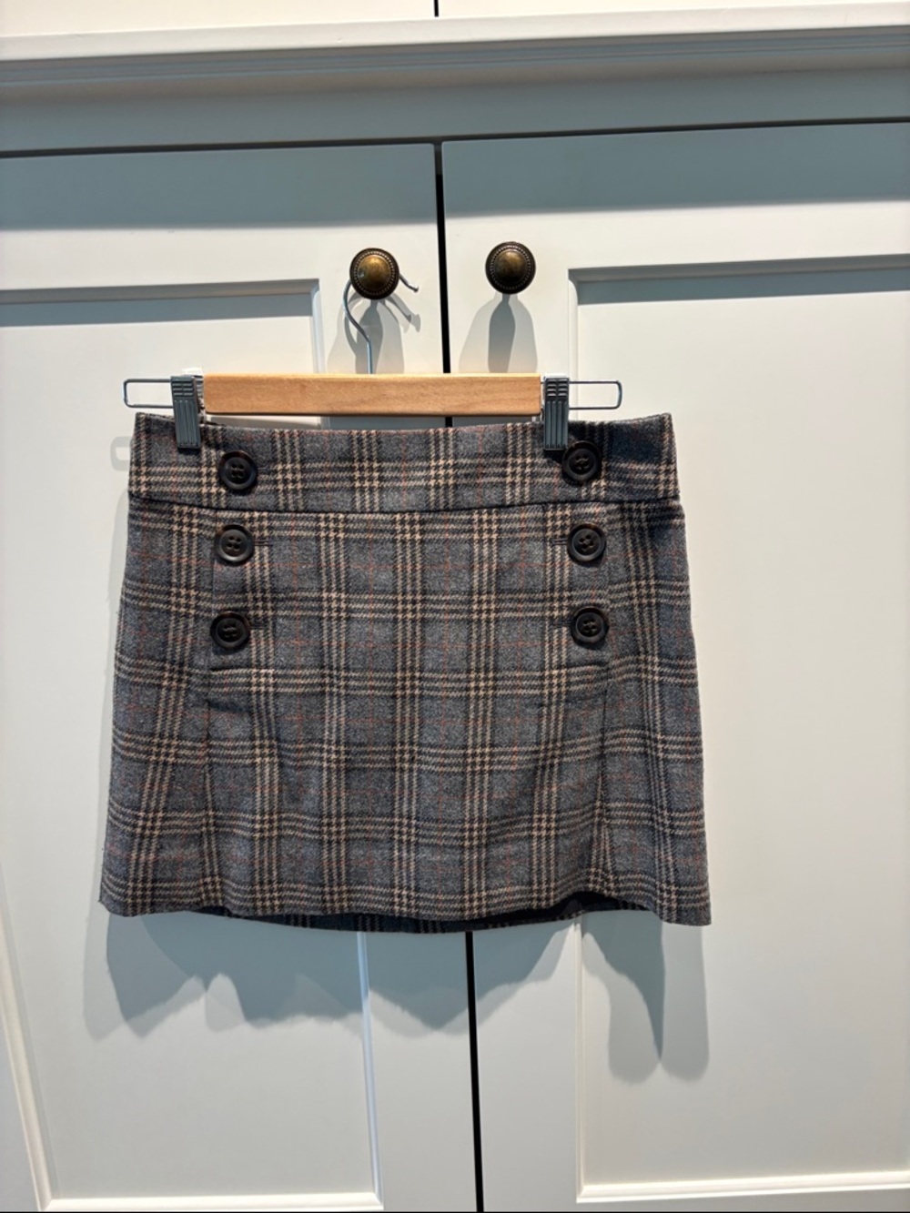 Gap Plaid Button-Accent Wool Blend Mini Skirt in Gray and Brown